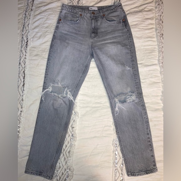 Zara High Rise Light Grey Distressed Ankle Straight Jeans Rigid Denim Size 6/4 - Picture 6 of 10